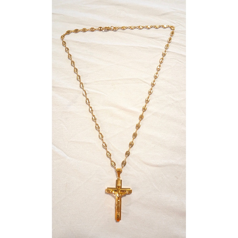 Gold Tone Crucifix Pendant Necklace 24 Inch Puffed Mariner Link Chain Cross - Picture 7 of 10